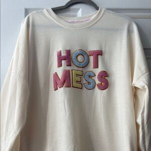 Cream Sweatshirt with Colorful 'Hot Mess' Embroidery
